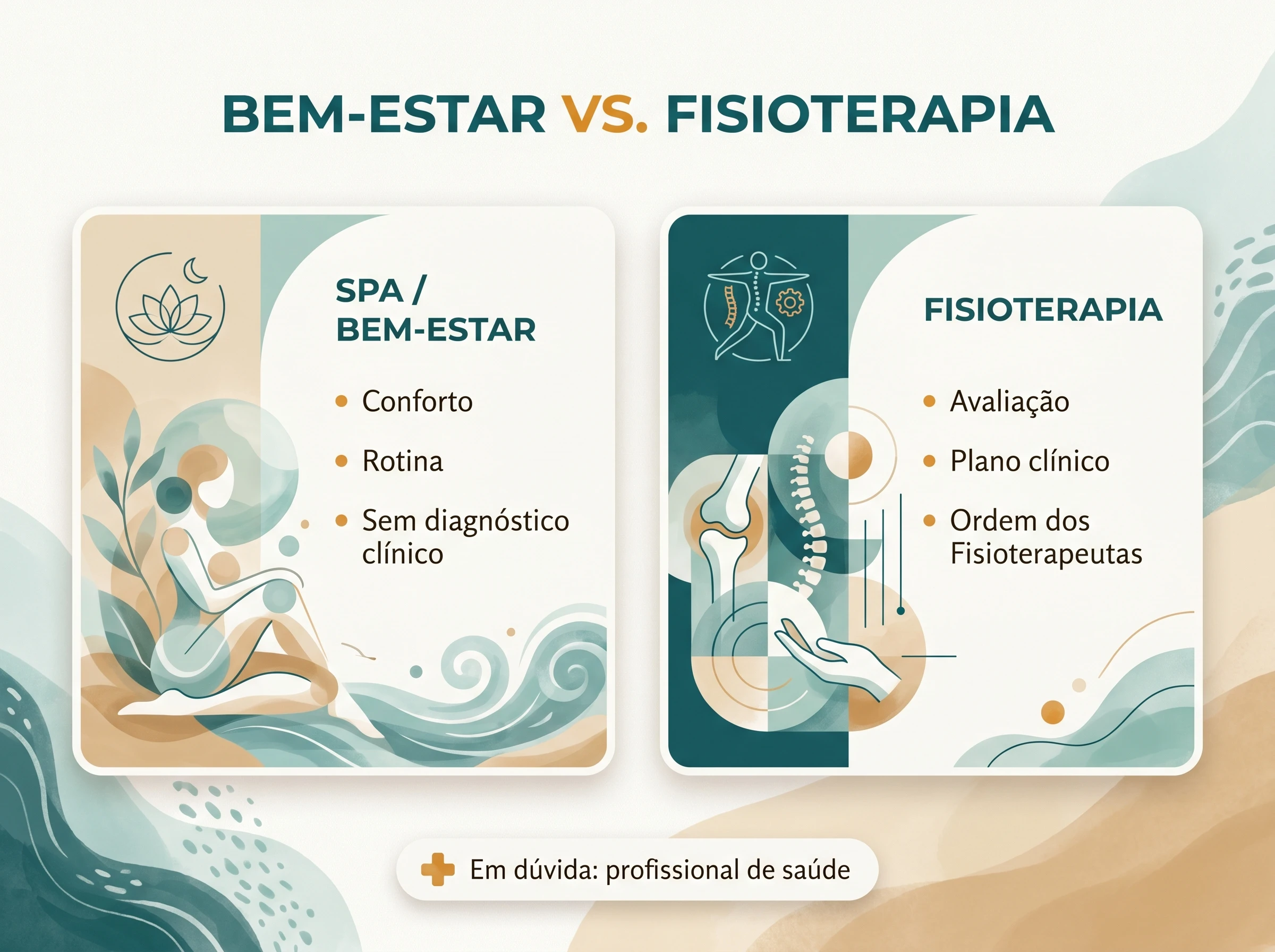 Bem-estar e fisioterapia: eixos distintos: Quadro conceptual — ilustração editorial.