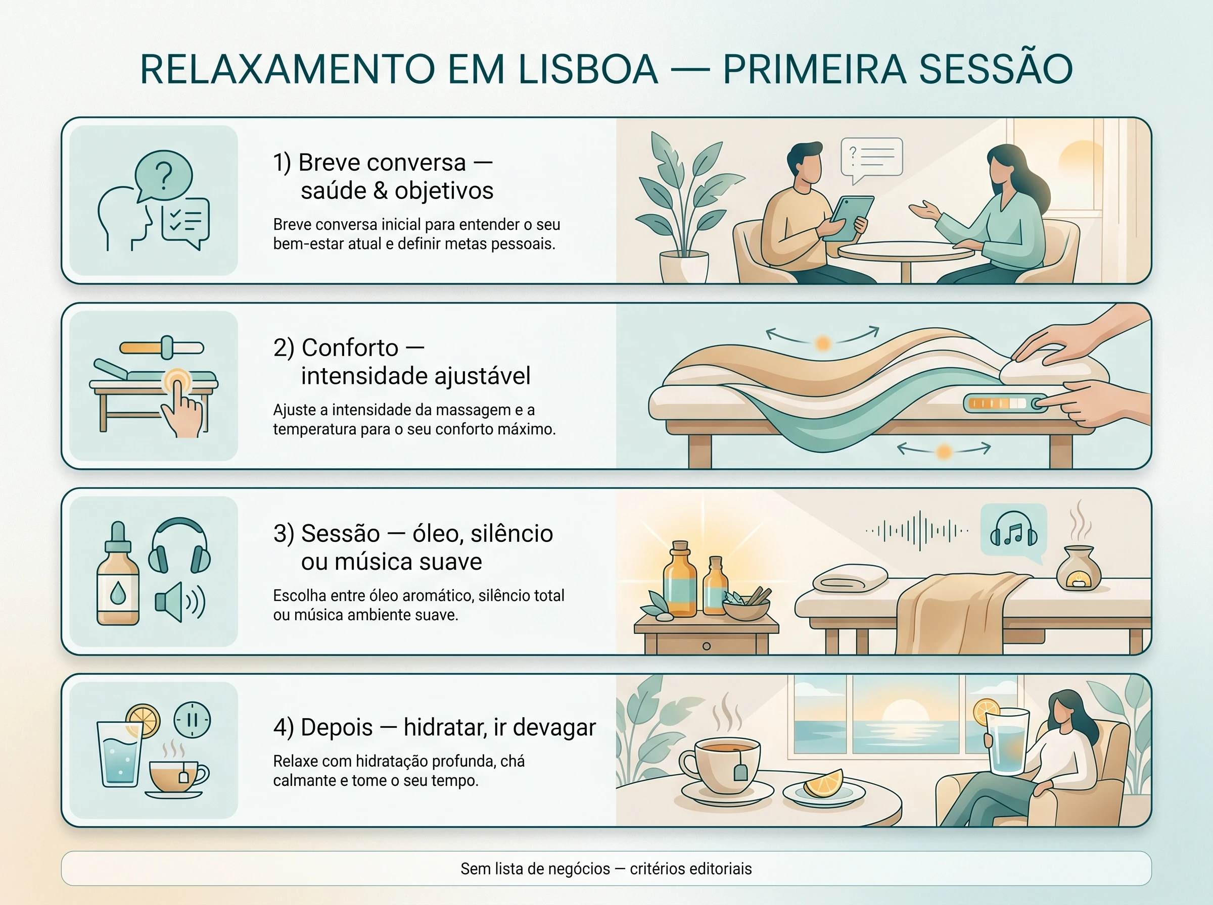 Primeira sessão de relaxamento em Lisboa: passos: Critérios práticos — ilustração editorial.
