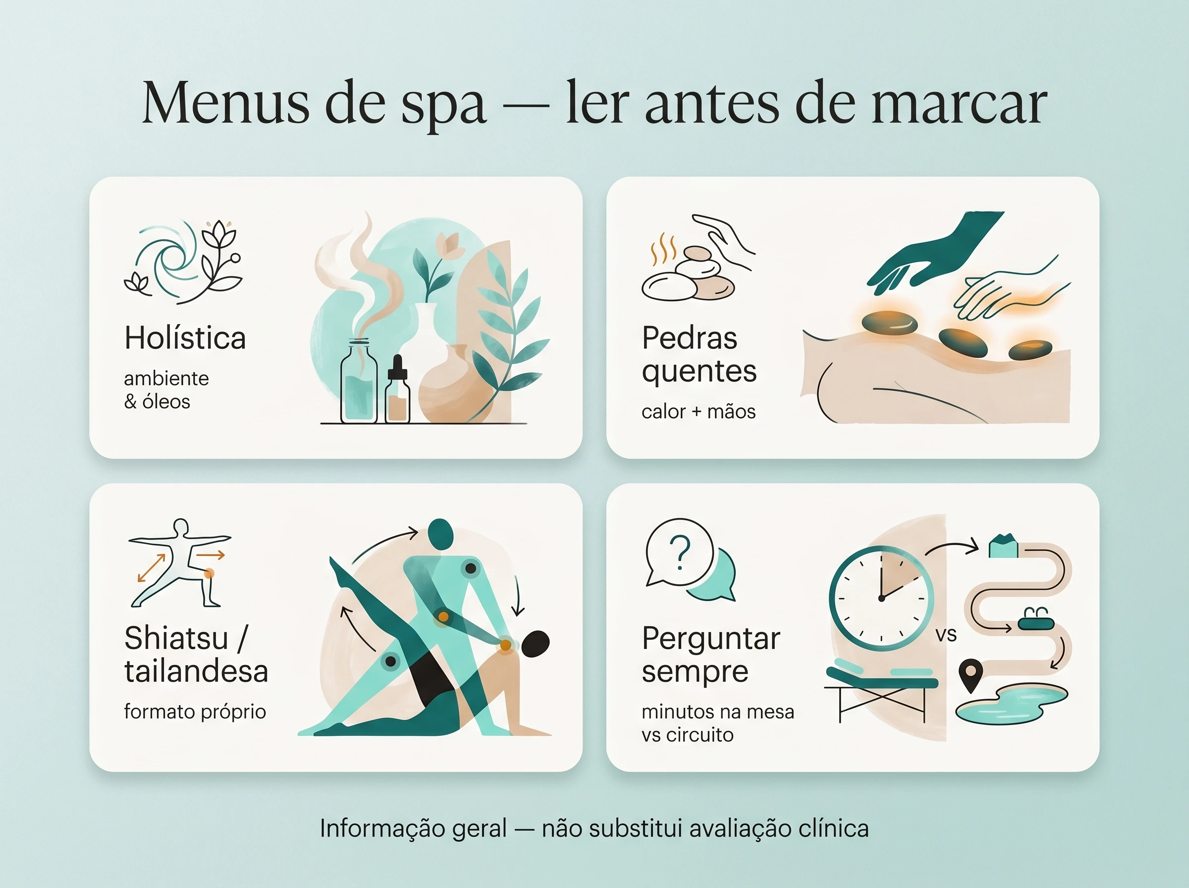 Menus: perguntas antes de reservar: Massagens holísticas / orientais — ilustração editorial.