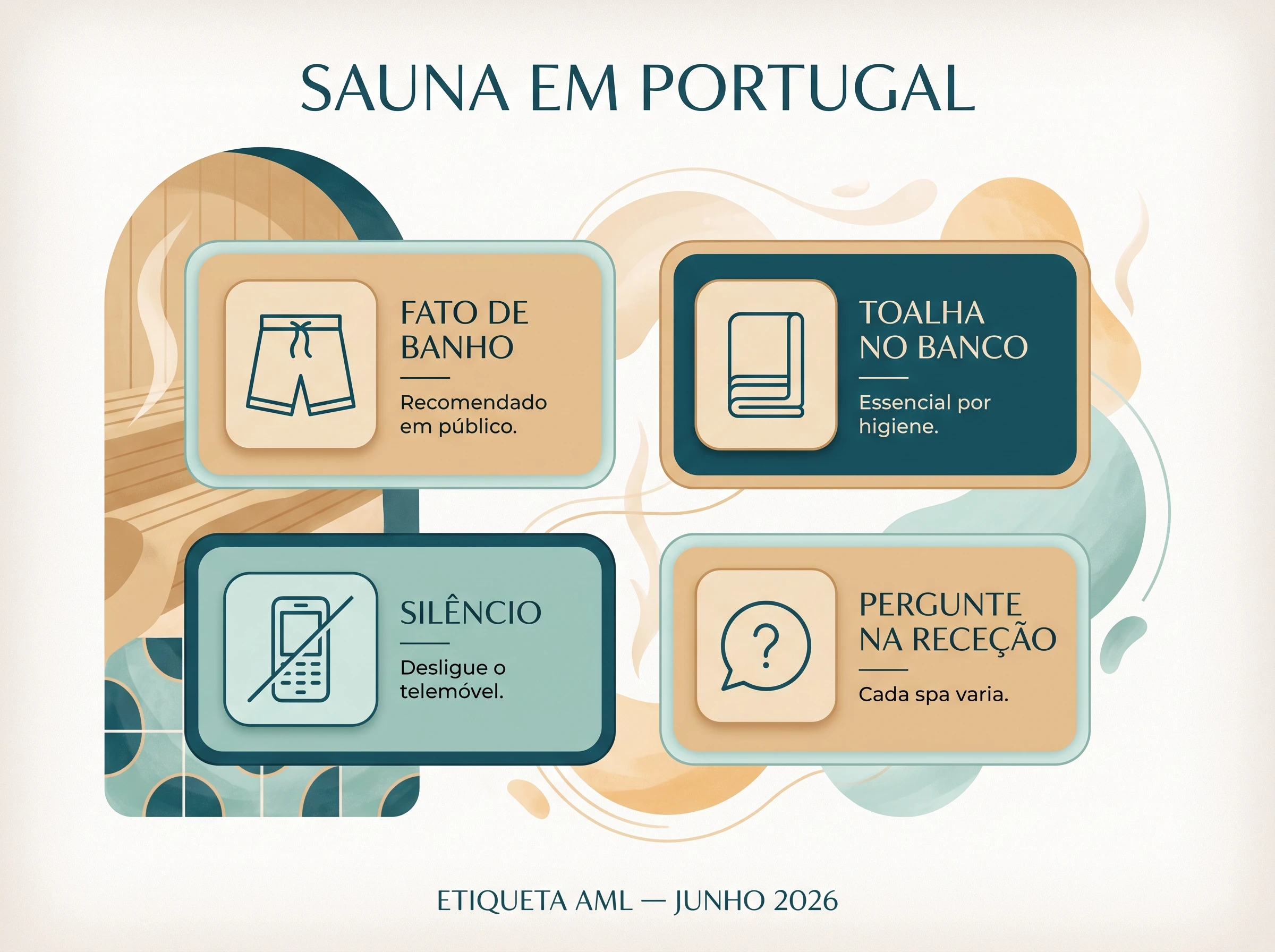 Regras de sauna em Portugal — roupa ou nudez: Fato de banho, toalha e silêncio — ilustração editorial.