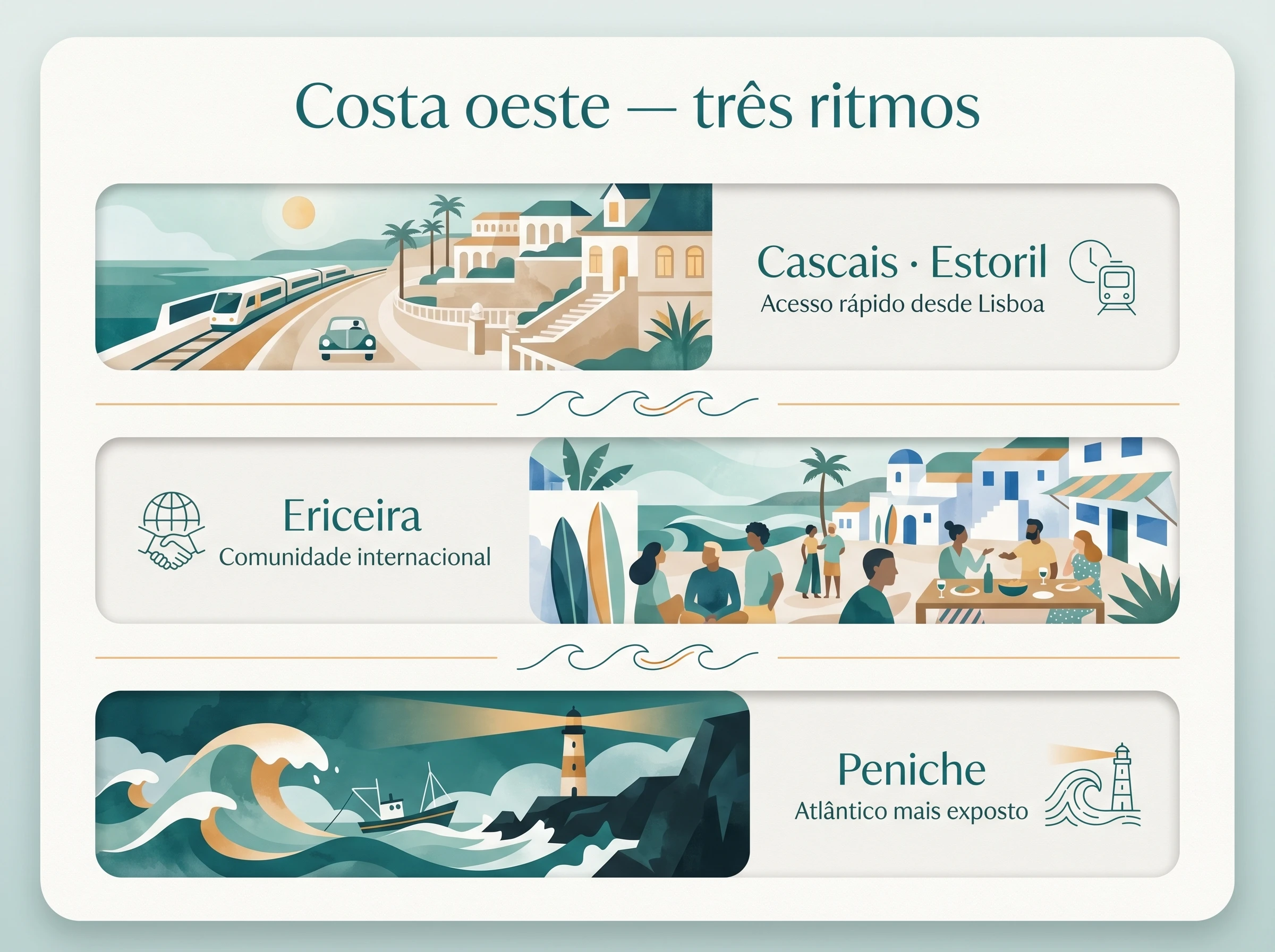 Atlântico e bem-estar: Três ritmos costeiros — ilustração editorial.